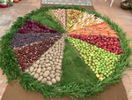 Erntedankfest - bunt geschmücktes "Rad" aus Früchten