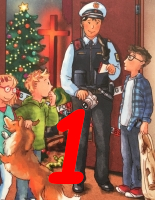 Adventskalender-Hörbuch für Kinder und Familiene - Polizist in Uniform steht mit drei Kindenr und einem Hund vor offener Tür, Christbaum und Kreuz sind im Hintergrund