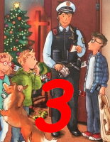 Adventskalender-Hörbuch für Kinder und Familiene - Polizist in Uniform steht mit drei Kindenr und einem Hund vor offener Tür, Christbaum und Kreuz sind im Hintergrund