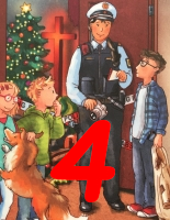 Adventskalender-Hörbuch für Kinder und Familiene - Polizist in Uniform steht mit drei Kindenr und einem Hund vor offener Tür, Christbaum und Kreuz sind im Hintergrund