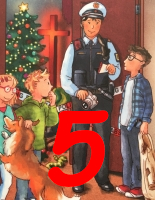 Adventskalender-Hörbuch für Kinder und Familiene - Polizist in Uniform steht mit drei Kindenr und einem Hund vor offener Tür, Christbaum und Kreuz sind im Hintergrund