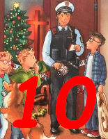 Adventskalender-Hörbuch für Kinder und Familiene - Polizist in Uniform steht mit drei Kindenr und einem Hund vor offener Tür, Christbaum und Kreuz sind im Hintergrund