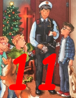 Adventskalender-Hörbuch für Kinder und Familiene - Polizist in Uniform steht mit drei Kindenr und einem Hund vor offener Tür, Christbaum und Kreuz sind im Hintergrund