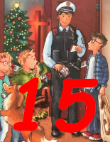 Adventskalender-Hörbuch für Kinder und Familiene - Polizist in Uniform steht mit drei Kindenr und einem Hund vor offener Tür, Christbaum und Kreuz sind im Hintergrund