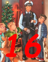 Adventskalender-Hörbuch für Kinder und Familiene - Polizist in Uniform steht mit drei Kindenr und einem Hund vor offener Tür, Christbaum und Kreuz sind im Hintergrund