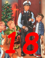 Adventskalender-Hörbuch für Kinder und Familiene - Polizist in Uniform steht mit drei Kindenr und einem Hund vor offener Tür, Christbaum und Kreuz sind im Hintergrund