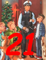 Adventskalender-Hörbuch für Kinder und Familiene - Polizist in Uniform steht mit drei Kindenr und einem Hund vor offener Tür, Christbaum und Kreuz sind im Hintergrund