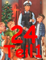 Adventskalender-Hörbuch für Kinder und Familiene - Polizist in Uniform steht mit drei Kindenr und einem Hund vor offener Tür, Christbaum und Kreuz sind im Hintergrund