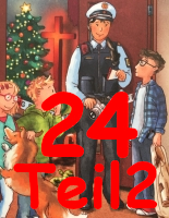 Adventskalender-Hörbuch für Kinder und Familiene - Polizist in Uniform steht mit drei Kindenr und einem Hund vor offener Tür, Christbaum und Kreuz sind im Hintergrund