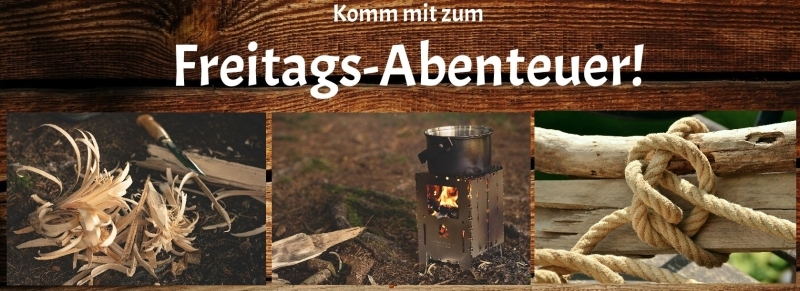 Einladung "Komm mit zum Freitagsabenteuer" (Schnitzmesser mit Holzdspähnen, Feuerstelle mit Topf, Seilknoten um Holzäste) 