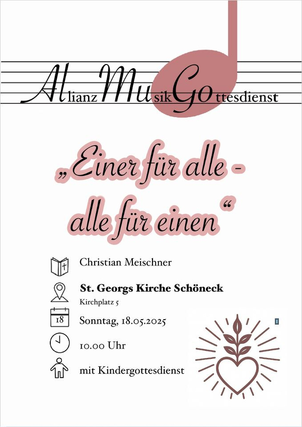 "Einer für alle - alle für einen" - Plakat des AllianzMusikGottesdienst am Sonntag, 18.05.2025 in der St. Georg Kirche Schöneck
