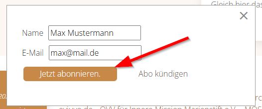 "Jetzt abonnieren" PopUp Fenster zum Abonnieren der Kirchennachrichten Digital