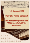 Plakat des Lobpreisgottesdienst am 18.01.2026 in Geilsdorf (Notenbl&auml;tter, Gitarre und Klaviertasten)