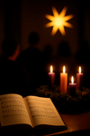 Gemeinsamer Sing-mit-Gottesdienst (offenes Gesangsbuch vor Adventskranz, singende Gemeinde im Hintergrund vor Weihnachtsstern)