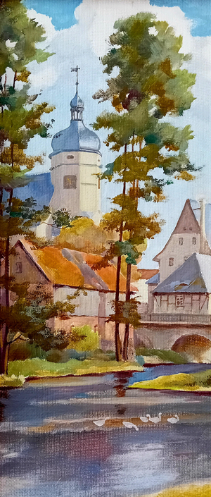 400 Jahre Salvatorkirche Kürbitz (gemaltes Bild der Salvatorkirche Kürbitz mit Brücke und Fluss im Vordergrund)