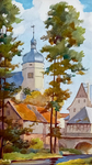 400 Jahre Salvatorkirche Kürbitz (gemaltes Bild der Salvatorkirche Kürbitz mit Brücke und Fluss im Vordergrund)