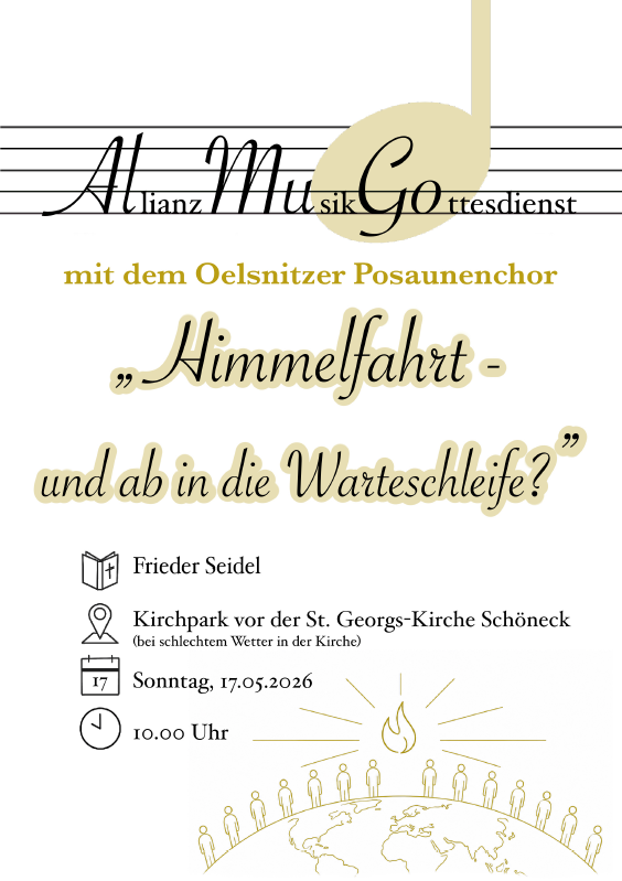 "Himmelfahrt - und ab in die Warteschleife?"   Plakat des AllianzMusikGottesdienst am Sonntag, 17.05.2026 in Schöneck