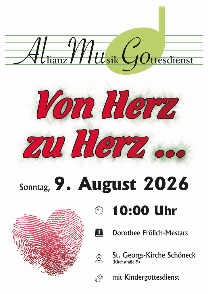 "Ich will dich segnen und du sollst ein Segen sein"   Plakat des AllianzMusikGottesdienst am Sonntag, 14.06.2026 in Schöneck