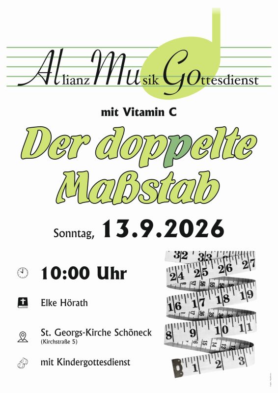 "Der doppelte Maßstab"   Plakat des AllianzMusikGottesdienst am Sonntag, 13.09.2026 in Schöneck