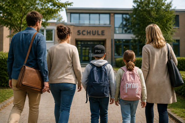 "Schulgebet" - Kinder und Erwachsene gehen gemeinsam auf einem Weg zu einer Schule. Auf einer Mütze und einem Rucksack ist "PRAY" zu lesen