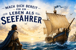 "Mach Dich bereit f&uuml;r ein leben als Seefahrer" - mittelalterlicher Seefahrer steht am Hafen-Kai und blickt auf ein Segelschiff  auf See