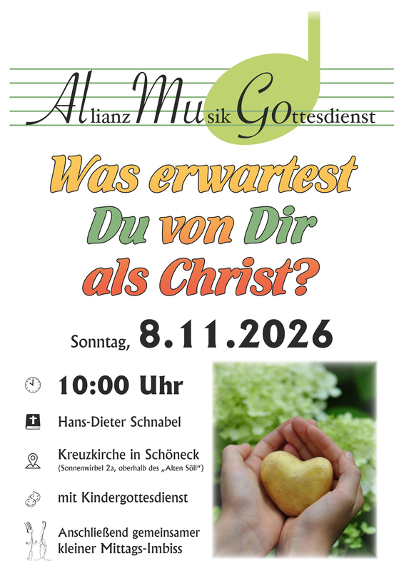 "Was erwarest Du von Dir als Christ?" -   Plakat des AllianzMusikGottesdienst am Sonntag, 8.11.2026 in Schöneck