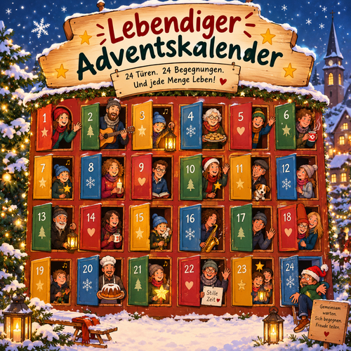 Adventskalendermit 24 Türchen, aus denen überall verschiedene Menschen rausschauen : "Lebender Adventskalender"
